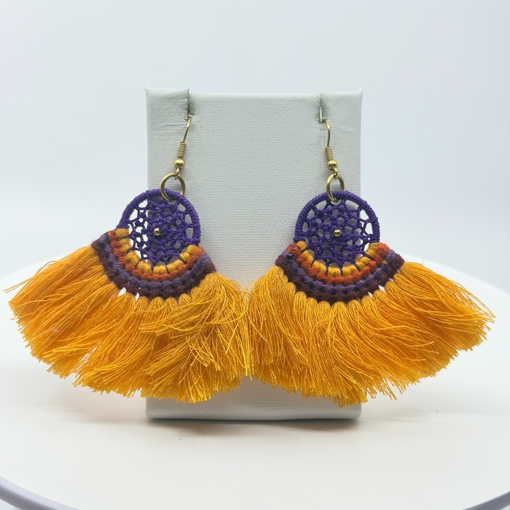 VTG Boho Dreamcatcher Tassel Dangle Earrings - Yellow & Purple Chic - Picture 6 of 10